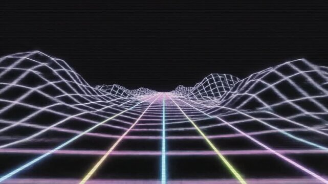 Retro futuristic glowing grid landscape with neon lights and scanlines