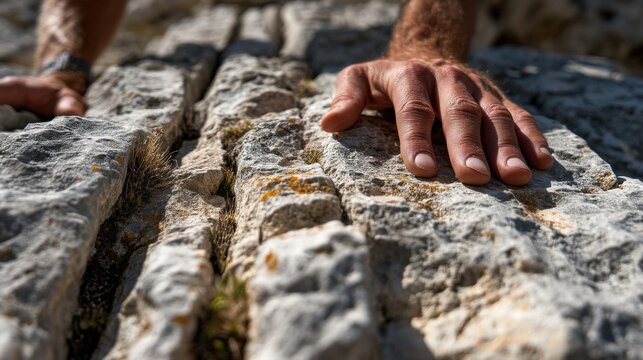 limestone block detail with weathered stone grooves, hands resting on ancient rock surface, natural shadows and textures, human scale reference on patinated limestone blocks