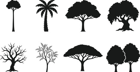 Black and white of various tree silhouettes against white background oak tree palm tree pine tree de © MDMOHIN