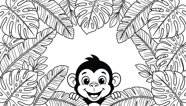 Cute cartoon monkey in jungle leaves frame vector illustration line art character coloring book page for kids activity