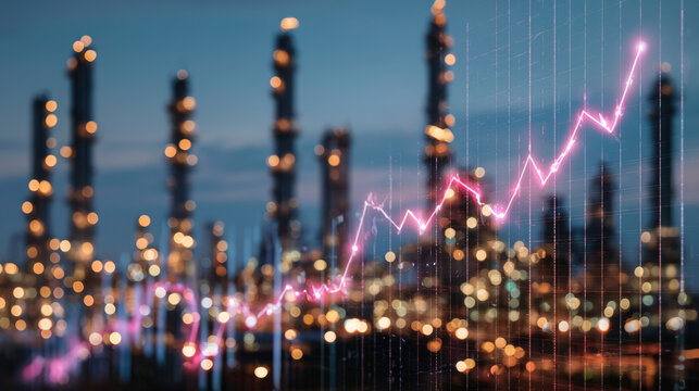 glowing oil price graph chart over blurred petrochemical refinery towers, energy shortage crisis concept, middle east conflict impact on global energy market.	
