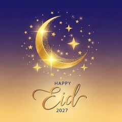 Naklejka premium A vibrant illustration of a crescent moon and stars celebrating eid in 2027