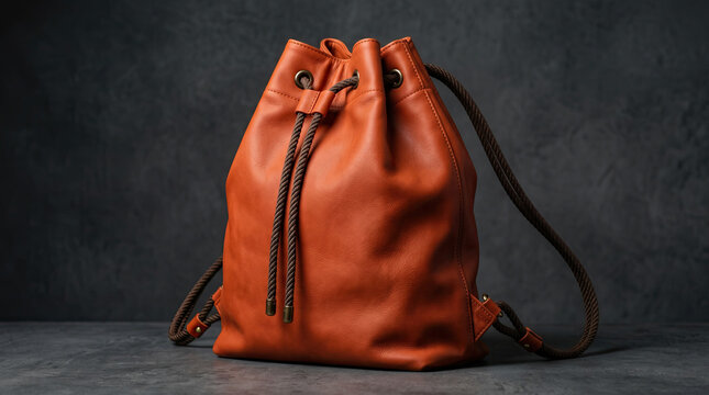 A stylish orange leather backpack with straps sits on a grey floor against a dark background