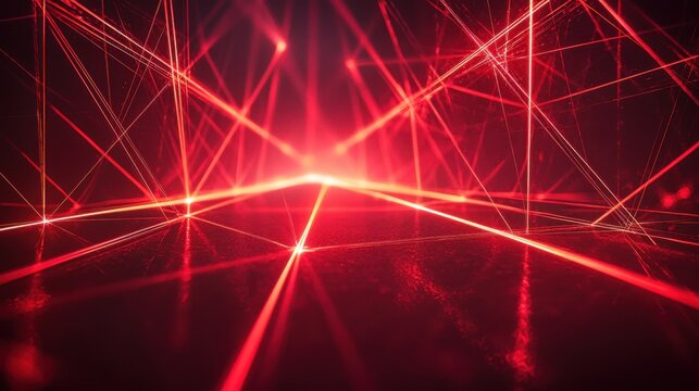 Light path macro red laser beams creating geometric network patterns through dimensional space with reflective surface intersections angular composition