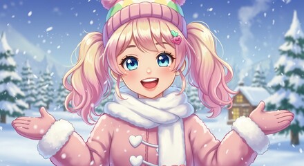 Fototapeta premium Winter Wonderland Girl: A cheerful anime-style girl with pink pigtails, wearing a warm winter outfit, joyfully welcomes the falling snow in a snowy landscape with a cozy cabin in the background.