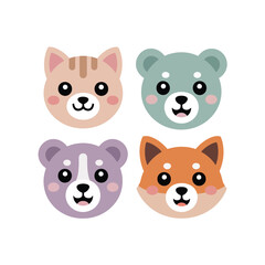 Fototapeta premium Pet Face Badges, Cat Bear Raccoon And Fox Circles, Cute Colorful Flat Style, Sticker Pack Icon Set, Flat Vector Icons
