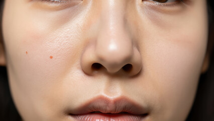 Naklejka premium Close-up of a young woman's flawless skin and serene expression, highlighting delicate features and a subtle, natural beauty.