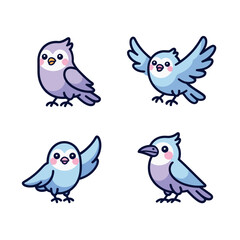 Fototapeta premium Songbird Friends Set, Blue Birds Perched And Flying, Adorable Feathers, Cute Modern Style, Flat Vector Icons, Sticker Pack Clipart Collection