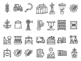 Agricultural technology and farming icons set with wheat stalk flask plant grow light plant rack robot arm map pin © rumonpix