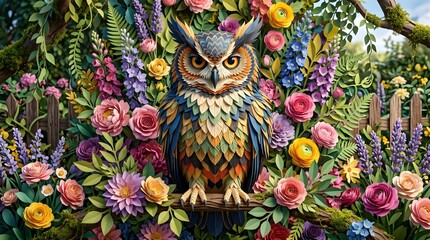 Vibrant 3D Papercraft Owl Perched on a Branch Amidst a Colorful Spring Garden Full of Intricate Flowers, Lush Green Leaves, and a Rustic Wooden Fence - Whimsical Nature Art Illustration in Bright 8K.