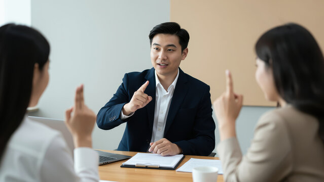 Business Meeting with Sign Language: An assertive male business professional, engaged in a discussion, gestures with his hands.