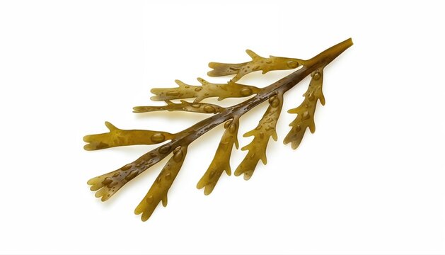 Seaweed Branch Isolated: A detailed close-up of a single strand of brown seaweed, its feathery fronds branching elegantly against a clean white background, hinting at the ocean's depths.
