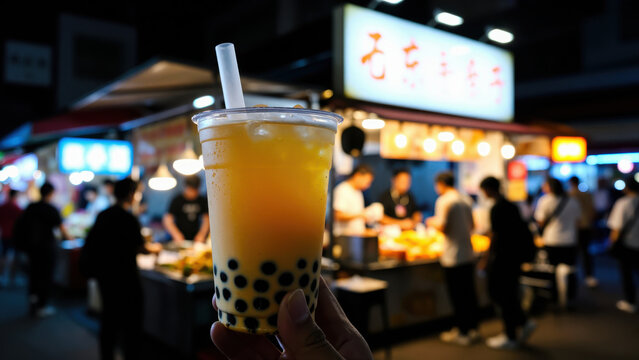 Bubble Tea Delight: A refreshing bubble tea with tapioca pearls and a straw is held up against a vibrant night market backdrop, showcasing a popular street food beverage.