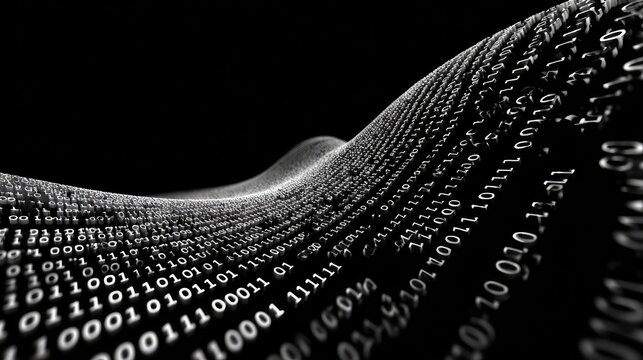 Abstract representation of flowing binary code on a dark background, creating a visual landscape of digital data and technology, symbolizing information flow and cyber communication.