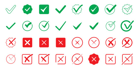 Sharp green checkmark and red cross on isolated white background vector symbol for right and wrong choices. Modern flat design, Checkmark icon set. Checkmark right symbol tick sign  © Hike Studio 2