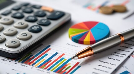 Fototapeta premium Colorful Financial Data Analysis with Calculator, Pie Chart, Coins, and Business Pen on Graph Paper for Economic Insights and Decision Making