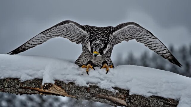 Frontal view of a Peregrine falcon landing on a snow-covered log with outstretched talons and spread wings in winter. Detailed plumage and intense gaze of a raptor in mid-flight.