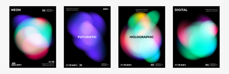 Set of 4 abstract posters with colorful holographic gradient blobs on black background. Neon futuristic fluid shape template for digital branding and music events. © Andrey