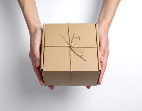 Hands holding wrapped brown cardboard box.