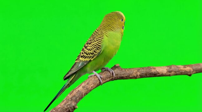 Video of a Budgerigar bird are sitting in a branch on the green screen background