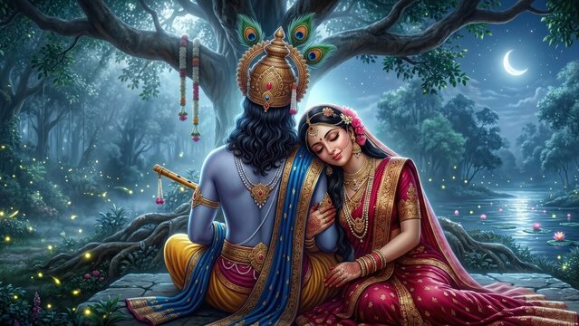 Divine Krishna and Radha Under the Sacred Kadamba Tree