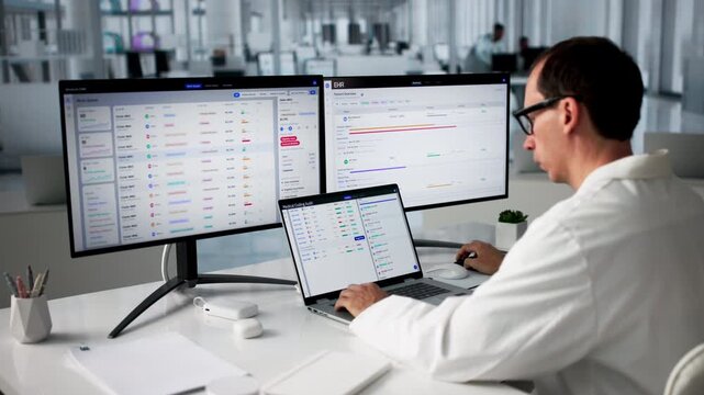Medical Coder Carefully Reviewing Patient Data On Laptop