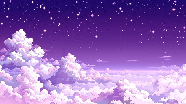 Digital illustration night sky purple violet gradient stars white pink large soft clouds white pink purple bottom left anime style smooth dreamy