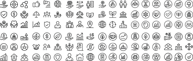 Fototapeta premium A collection of thin line icons representing various business and financial concepts, including growth charts, people, security, and teamwork, displayed in a grid.