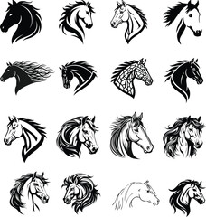 Horse head silhouettes and illustrations with flowing manes isolated on white background, silhouette, illustration isolated on transparent PNG © stockpixelstudio
