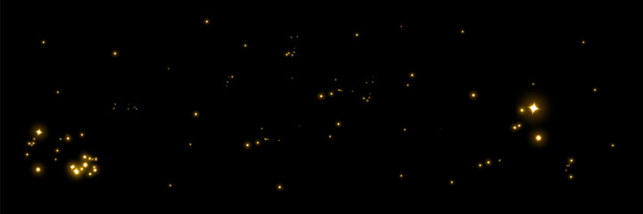Fototapeta premium Bright golden shimmer trail with sparkling stardust glow, abstract festive magic particles, glittering wave effect and transparent holiday background