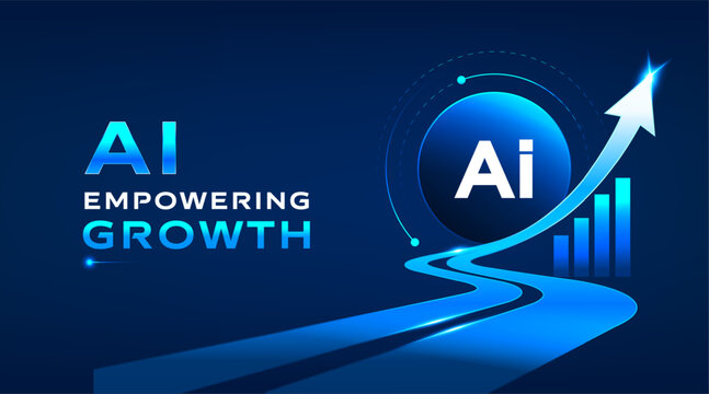 AI empowering growth technology vector banner with futuristic arrow and business graph on dark blue background. Modern AI innovation presentation template with glowing digital style