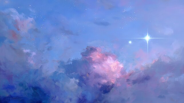 Vertical tranquil mystical sky lavender top many stars one luminous large fluffy clouds pink red purple soft edges glow watercolor oil effect