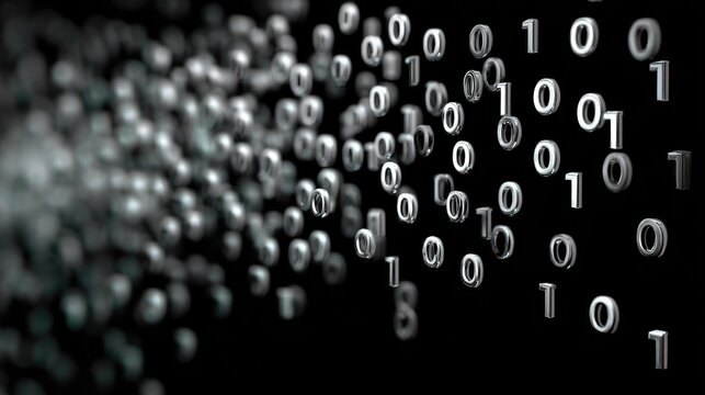 Abstract representation of binary code stream with blurred digits flowing from the right side against a dark background, symbolizing data processing and technology