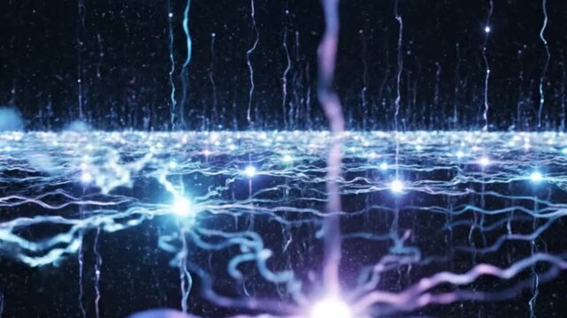 Abstract glowing energy network with electric blue lightning bolts and digital data streams flowing through space