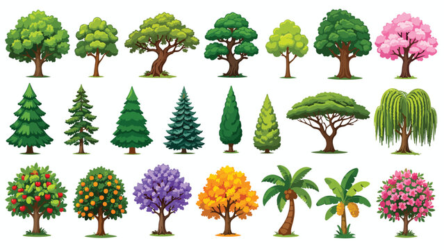Green tree collection with 22 vector icons, diverse forest and garden trees set, flat botanical illustrations for landscape design and environment maps