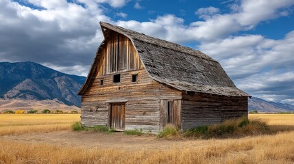 Obraz premium Rustic Wooden Barn Surrounded by Golden Fields with Majestic Mountains in the Background Under Dramatic Blue Sky and Fluffy White Clouds