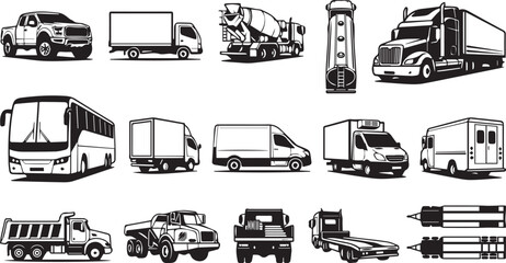 Commercial Transport Truck Silhouette Collection with Delivery Vehicles Construction Trucks and Logistics Fleet Vector Set © MdMijanur