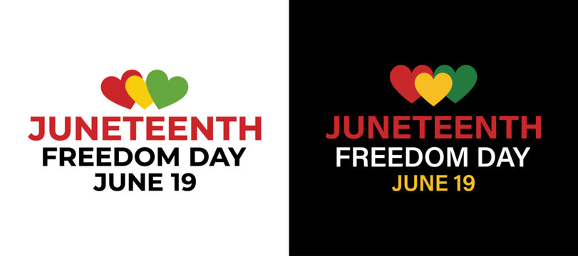 Juneteenth Freedom Day typography design with colorful heart shapes icon