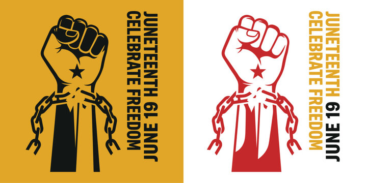 Juneteenth Freedom Day illustration with powerful raised fist and broken chains vector