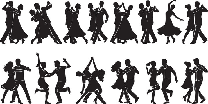 Dance couple silhouette collection featuring ballroom salsa and partner dancing poses for social event vectors