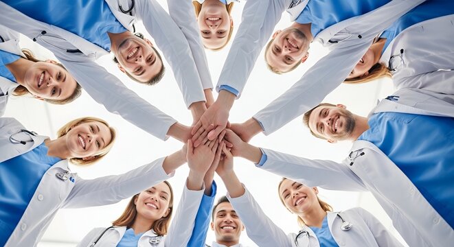 Diverse medical team uniting hands in a circle, symbolizing teamwork and collaboration in healthcare.