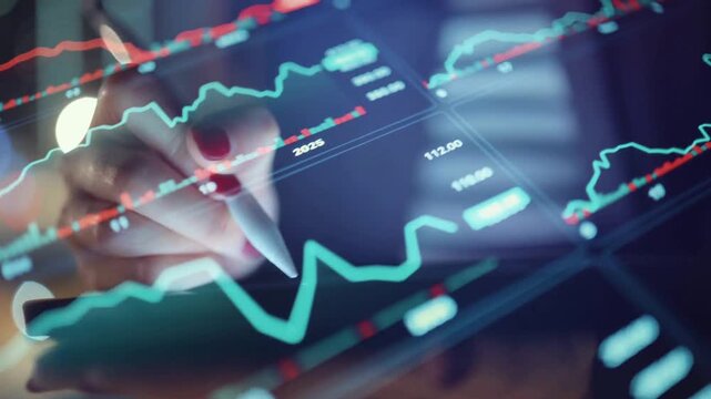 Financial stock market data analysis on digital tablet, trader hand using stylus on glowing trading charts, professional investment growth visualization