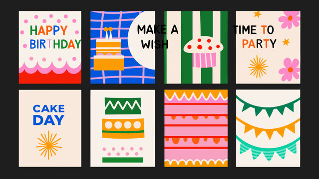 birthday card suite with colorful geometric patterns and text