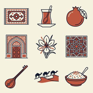 Set of Persian cultural icons and traditional symbols vector illustration