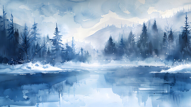 watercolor frozen lake snowy trees cold