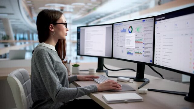 Compliance Officer Reviewing Risk Dashboard On Desktop