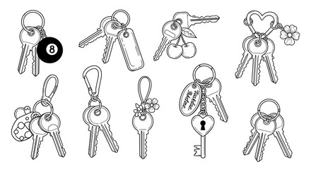 Obraz premium Keychain icons, keychains, keys, vector illustrations, 9 key sets, black and white, line art, minimalist design, decorative keys