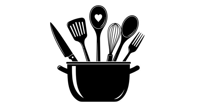 Black kitchen utensils, cooking tools, pot, silhouette icons, kitchenware, cooking set, 6 elements