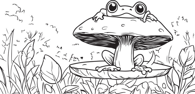 Cute cartoon green frog sitting in a pond water scene, happy amphibian character illustration in vector style with nature wildlife background, funny smiling animal artwork for kids design idea