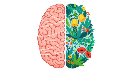 Brain, split brain, creative mind, floral brain, vector illustration, colorful brain, psychology, mental health, creativity concept, half brain © Adam